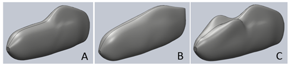 SolidWorks models of three fairing concepts, 3 is a bit out there, with the fairing mold around the riders knees.